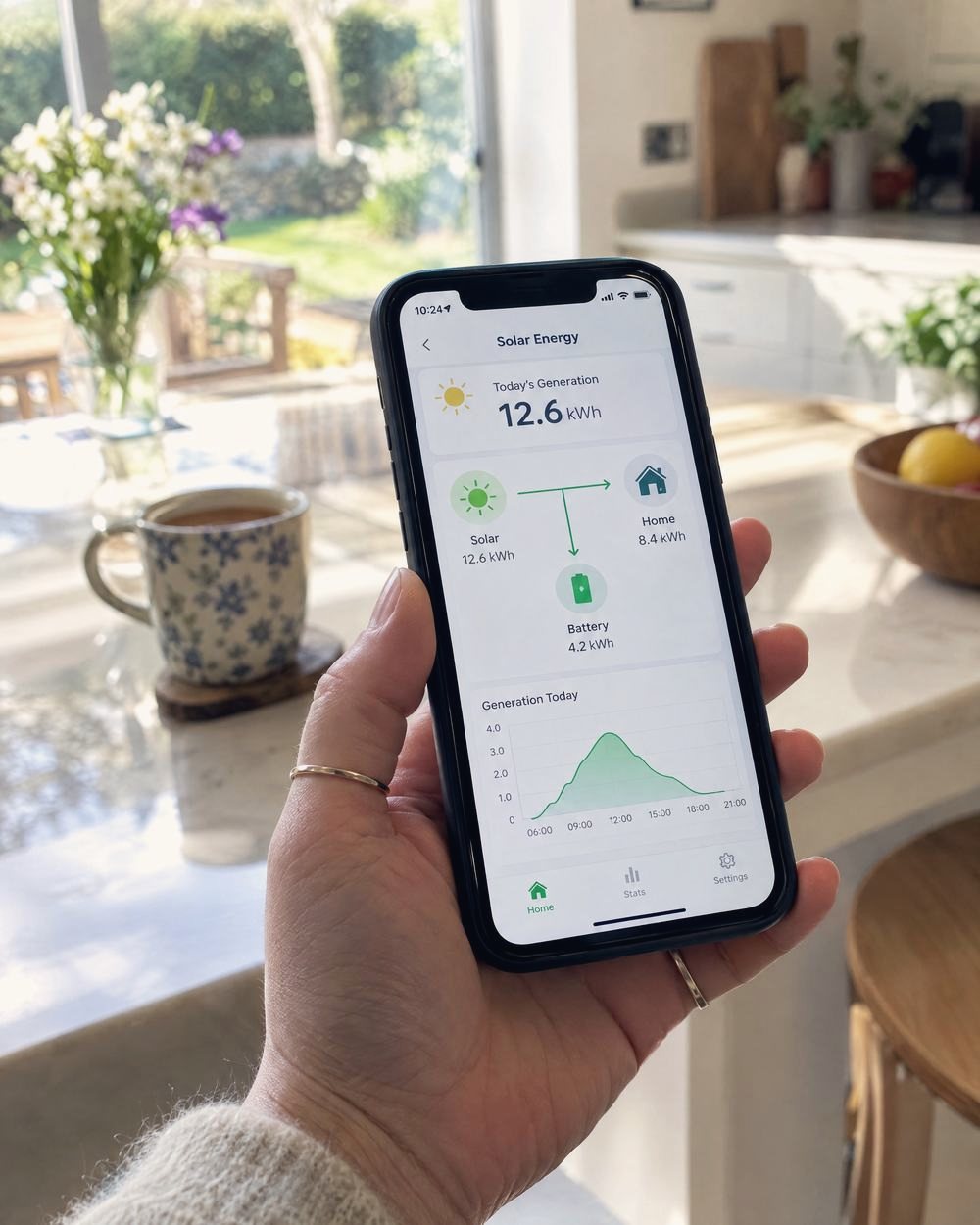 A phone app showing a home’s solar and battery