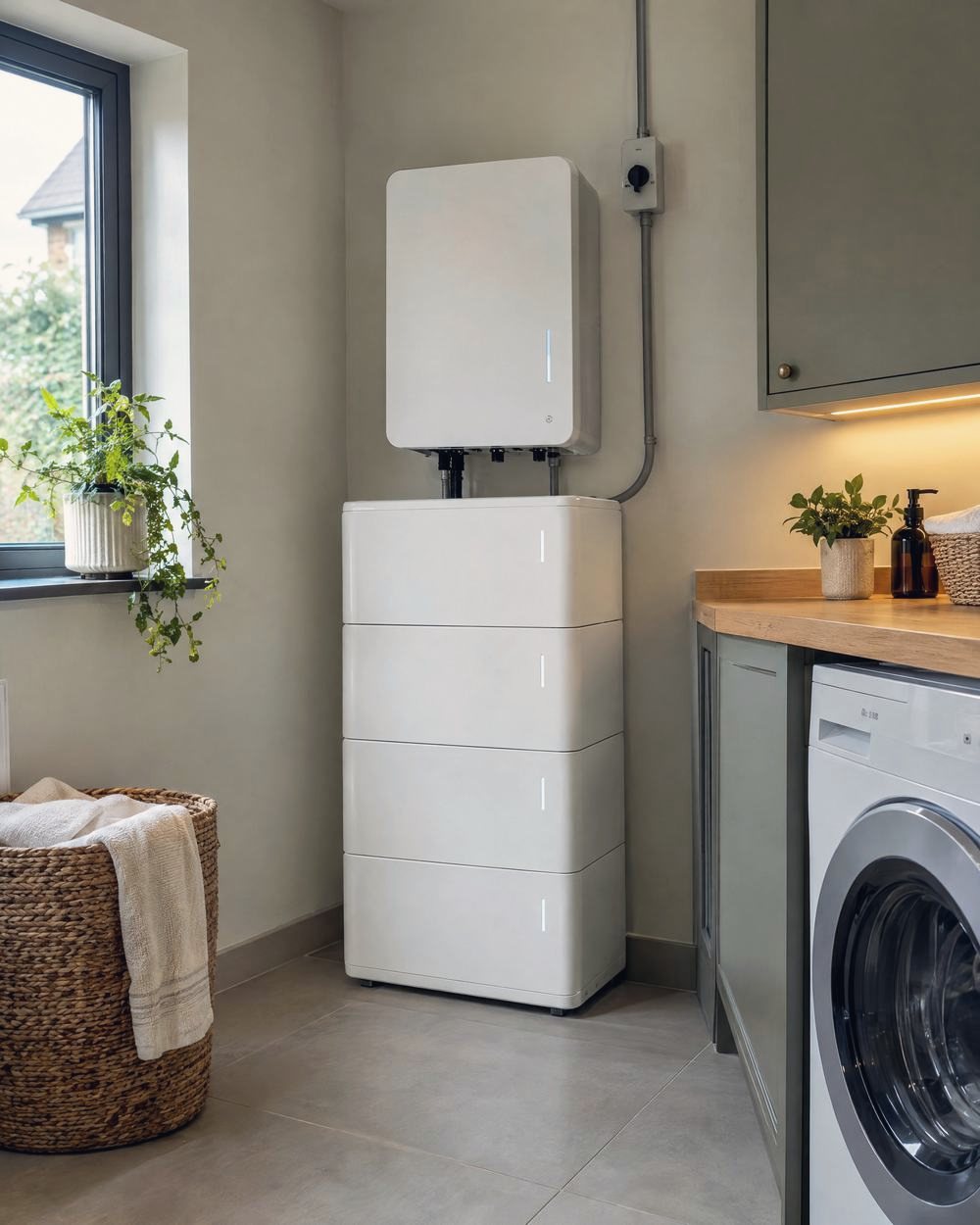 A white home battery fitted in a utility room