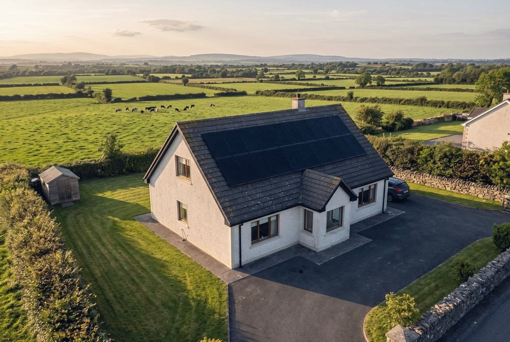 An aerial view of a bungalow with black solar panels in the Irish countryside