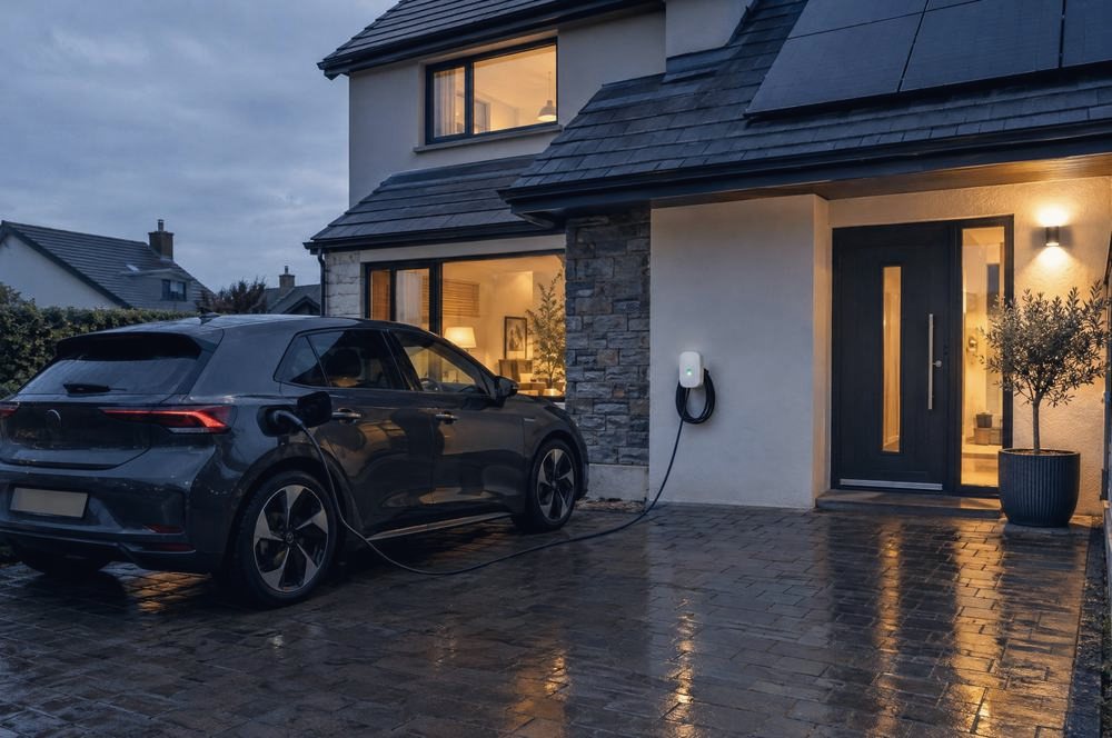 An electric car charging outside a house at dusk