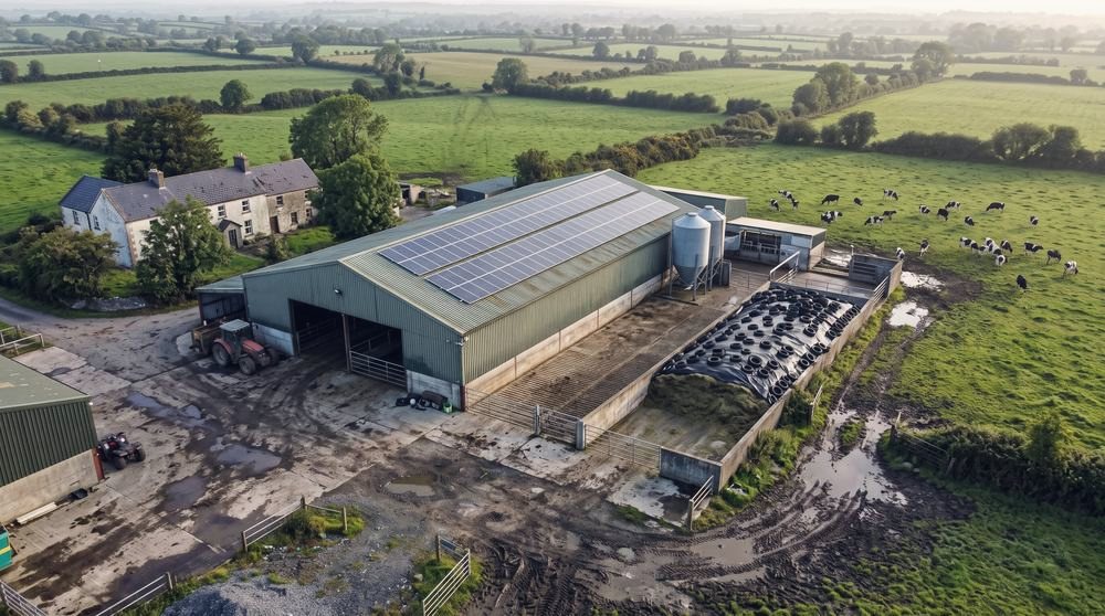 A farm shed with solar panels on its roof