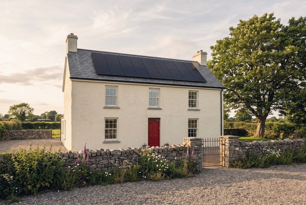 A farmhouse with solar panels on the roof