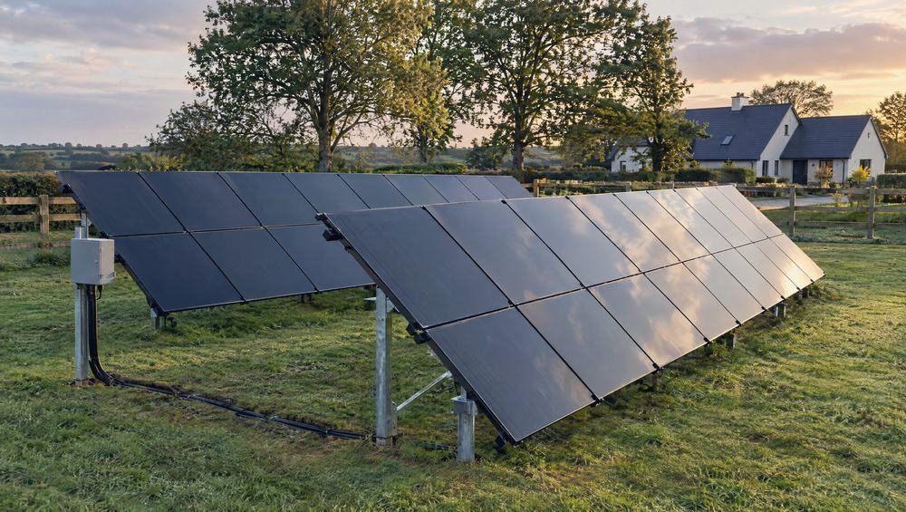 A row of solar panels on a frame in a green field