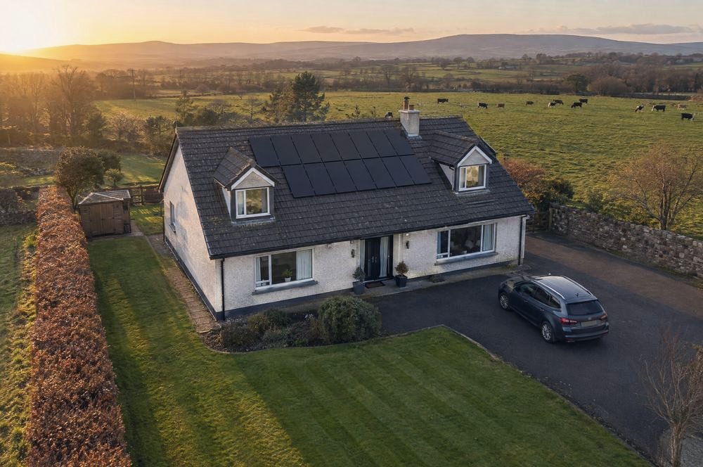A bungalow with black solar panels on its roof in the Irish countryside at golden hour