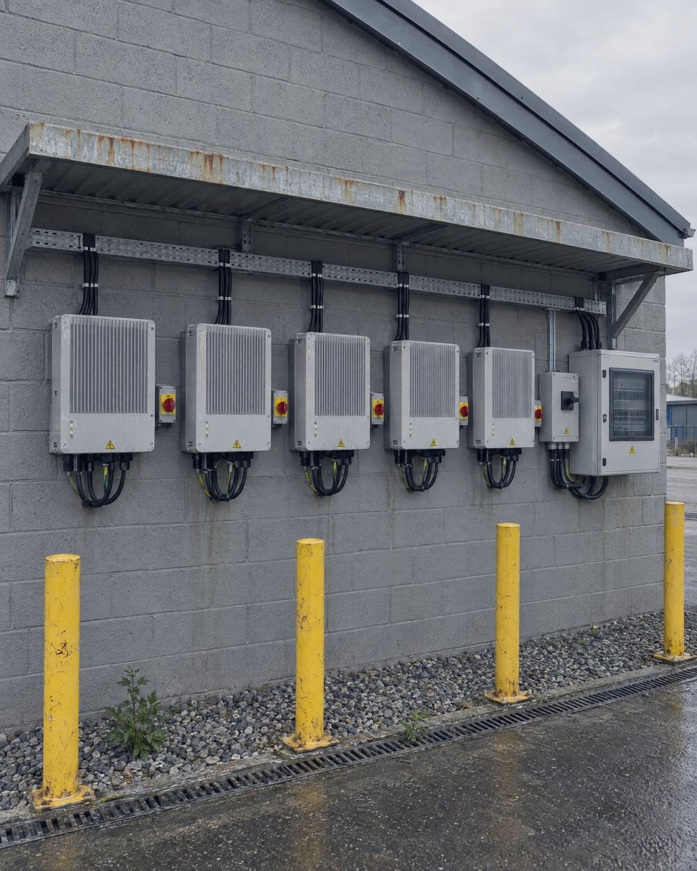 Inverters fitted in a neat row on a wall, with isolators and labelled cables
