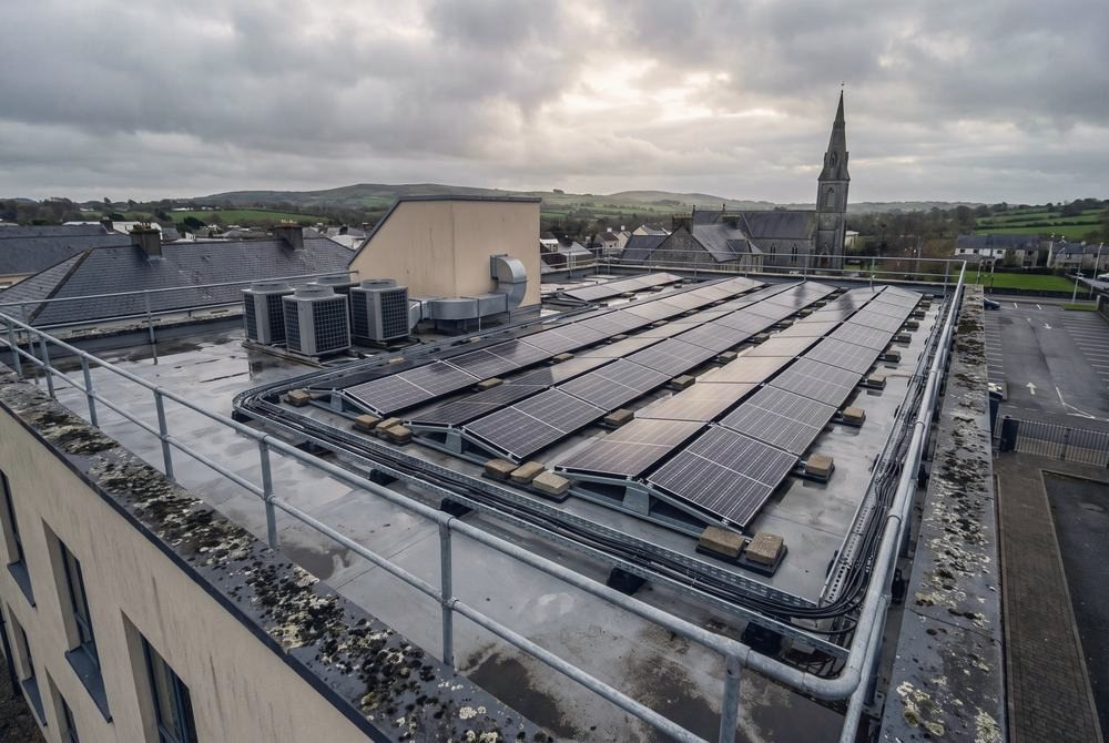 Solar panels on a flat office roof