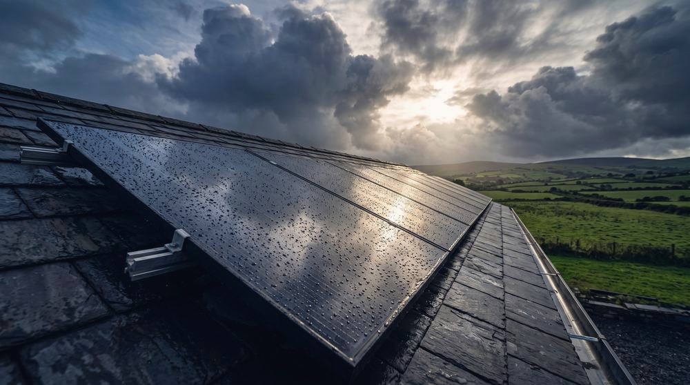 Solar panels on a slate roof under heavy grey cloud